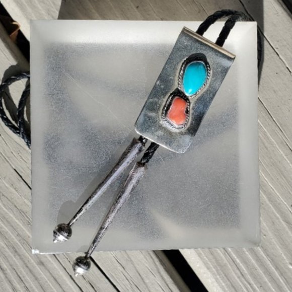 "Money Clip" BOLO Tie Silver -Turquoise -Coral Braided Cord and Silver Tips - Picture 2 of 3